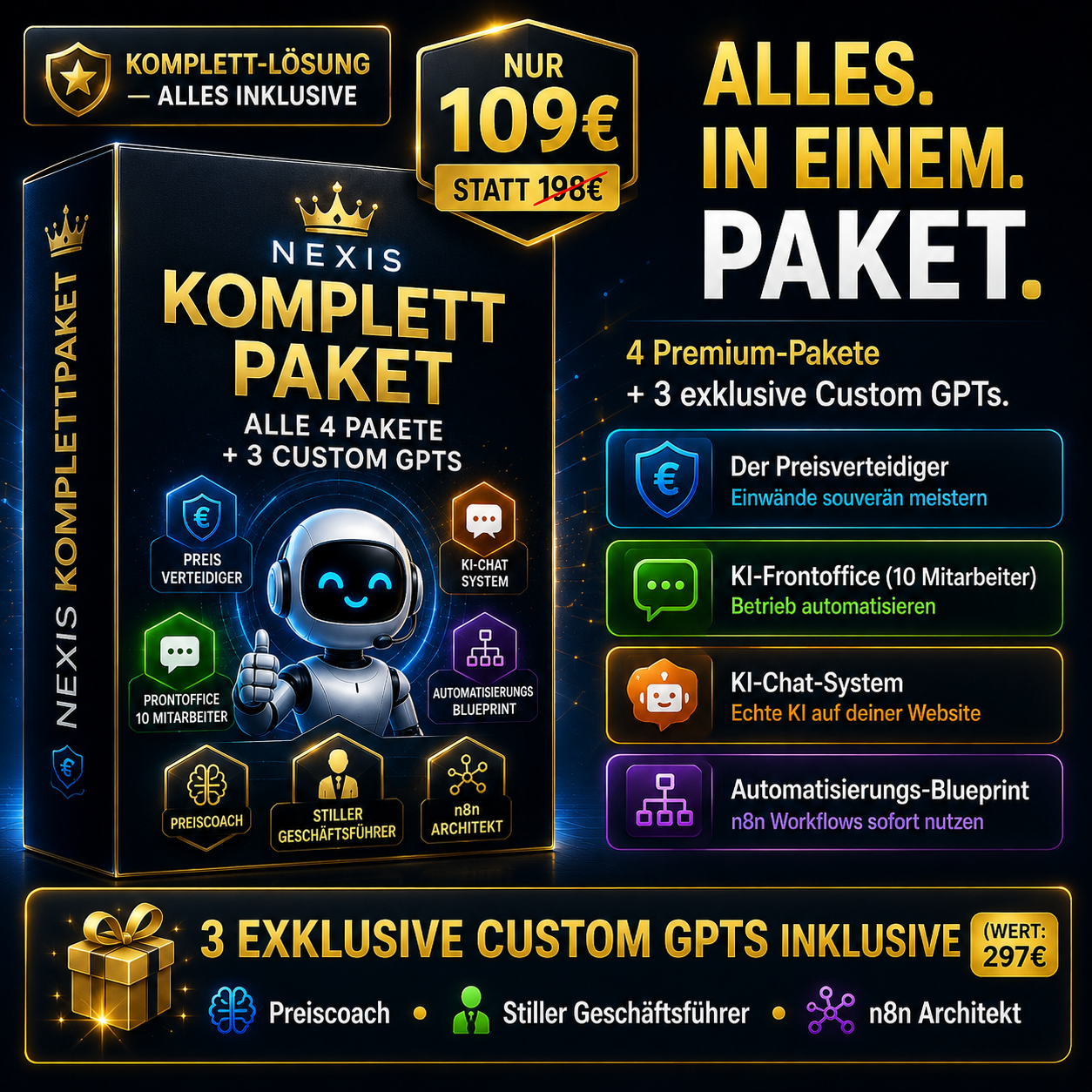 Das Komplettpaket — Alle 4 KI-Tools + 3 exklusive Custom GPTs